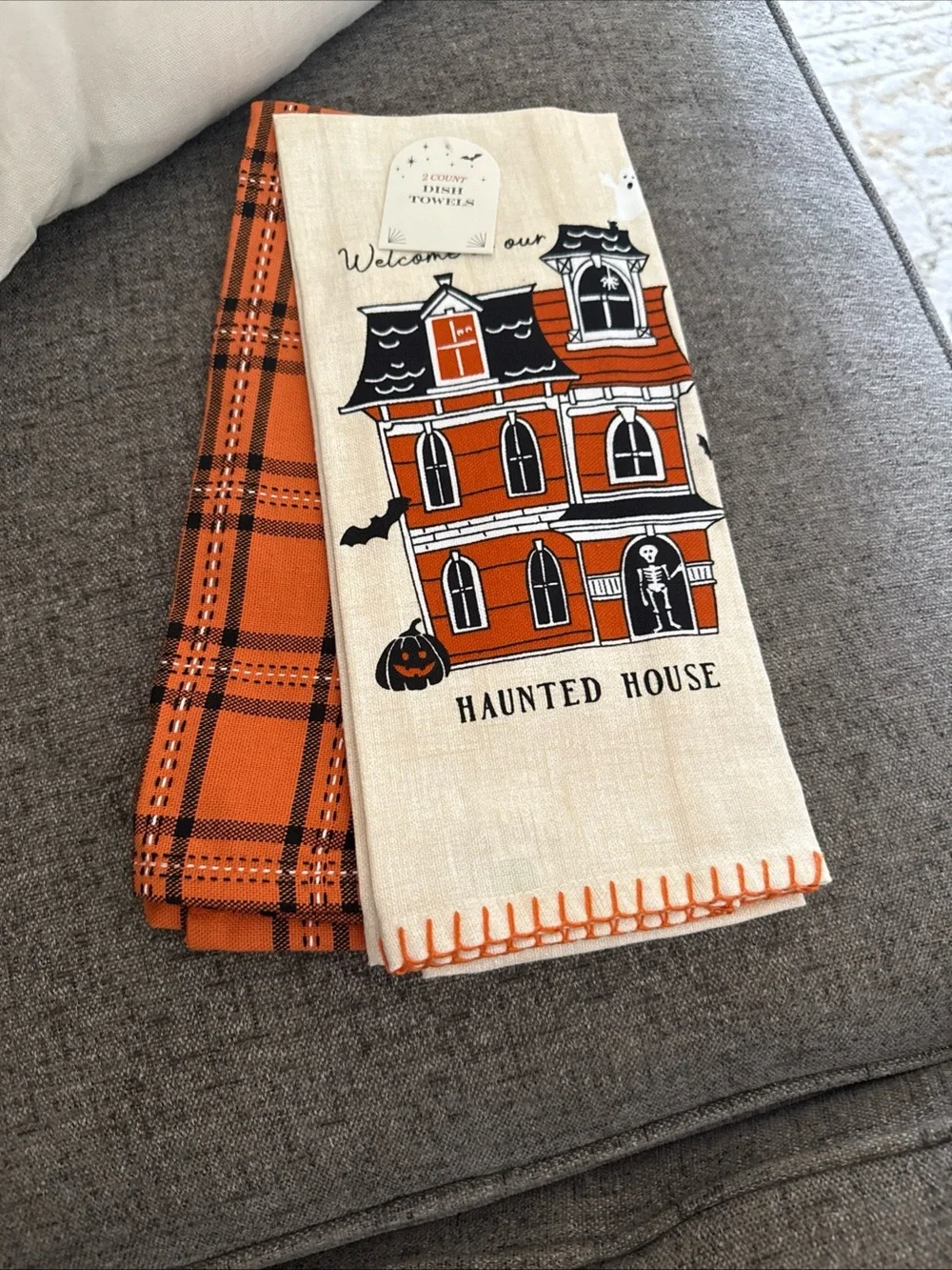 Halloween Dish/Hand Towels- Set Of 2 - Haunted House/Plaid - NEW/wTag